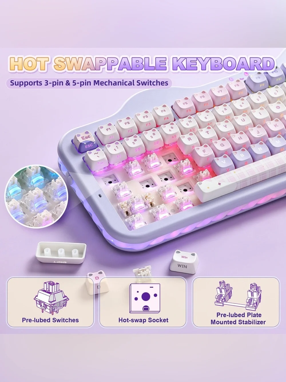 Yunzii C98 Purple MAO Keyboard Cake Cat Wireless Mechanical Milk Switches